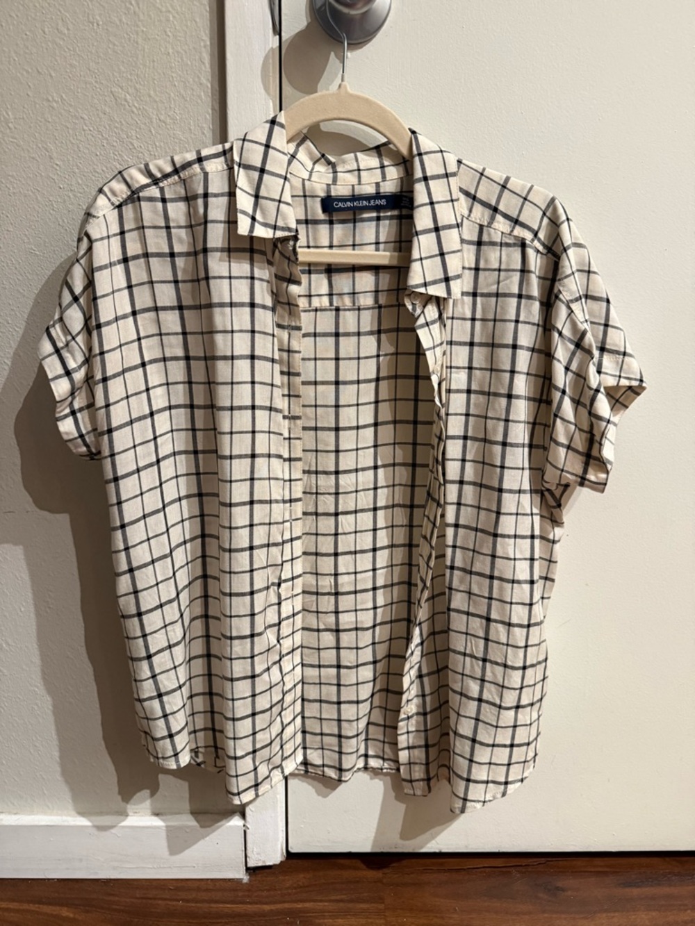 Calvin Klein Cream and Black Windowpane Short Sleeve Button-Down Shirt